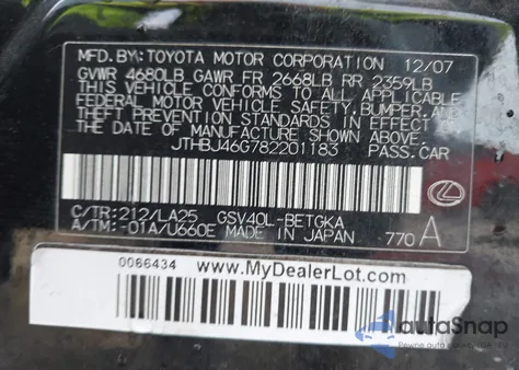 2008 Lexus Es 350 from USA, damaged, VIN JTHBJ46G782201183